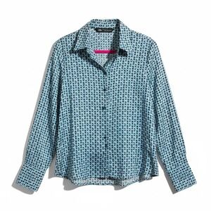 Zara Geometric Print Button Front Blouse Size Small Blue Long Sleeve Top
